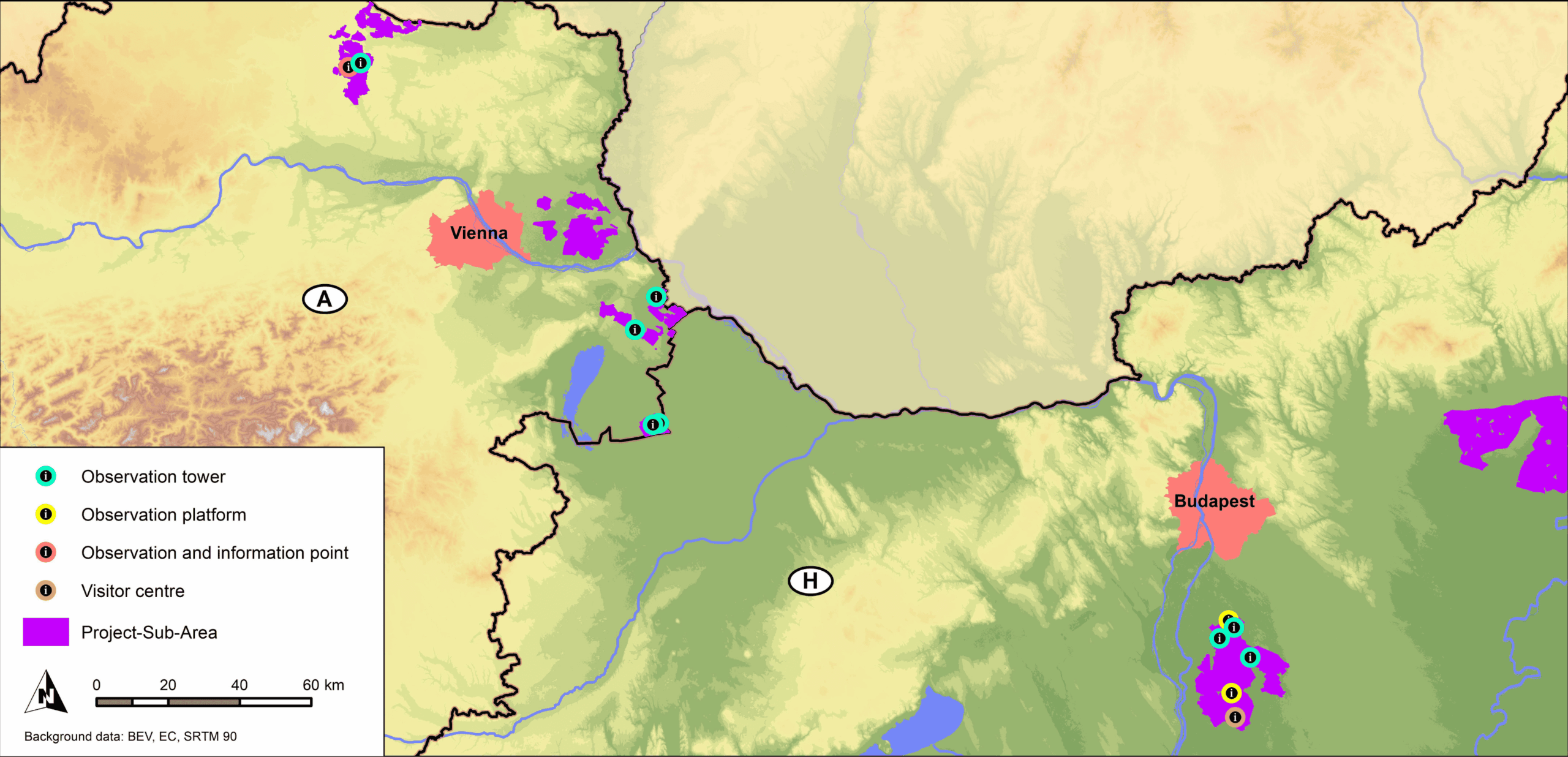 location of observation towers and visitor centre within bustard ghabitats in austria and hungary