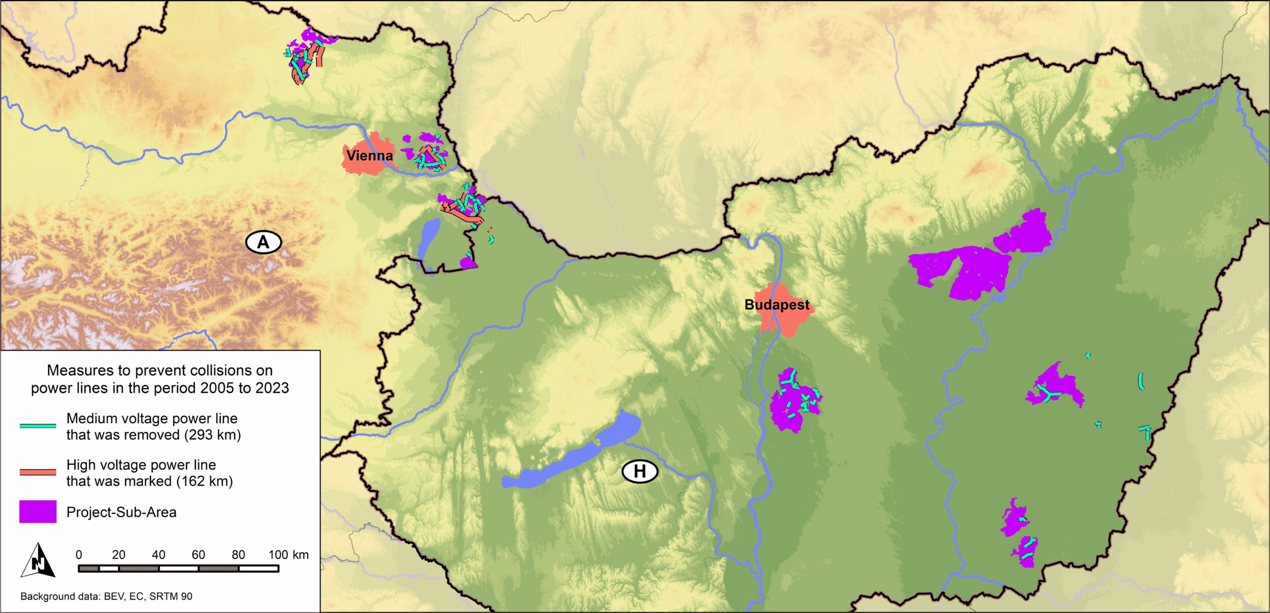location of underground cabling within bustard habitats in austria and hungary from 2005 2024