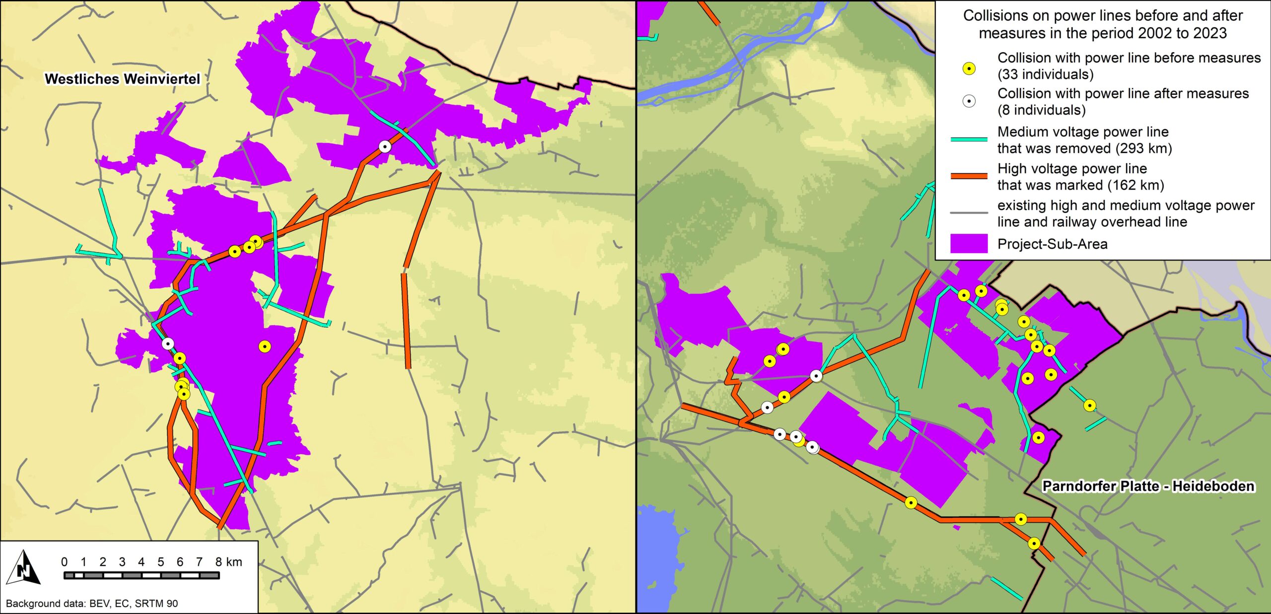 powerline collisions in two project sites before (yellow) and after (white) mitigation measures